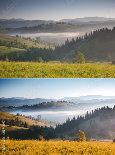 Misty alpine highlands in sunny day. Images before and after.