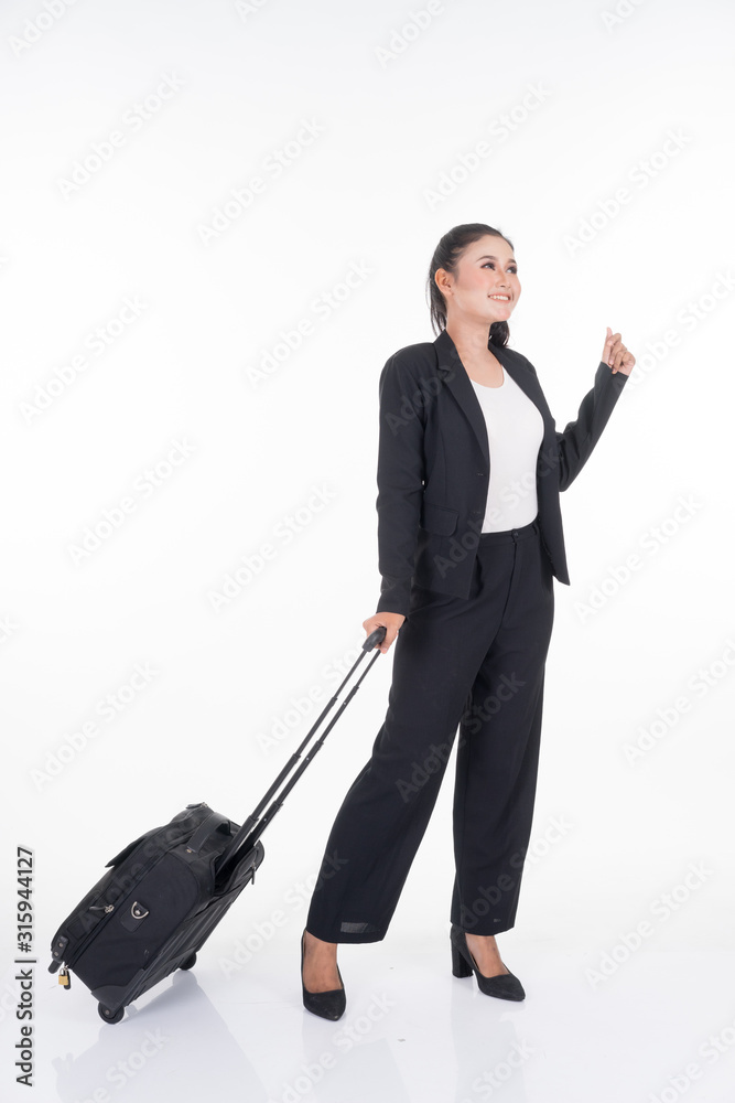 Businesswoman on a business trip, with luggage isolated on white background. Suitable for cut out, manipulation or composite works for travel or business concept. Businesswoman on a business trip, with luggage isolated on white background. Suitable for cut out, manipulation or composite works for travel or business concept.
