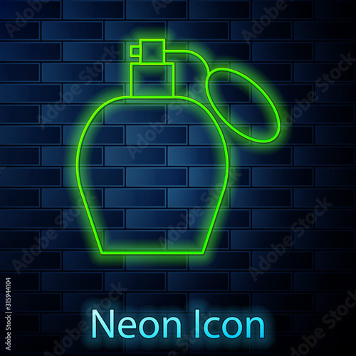 Glowing neon line Perfume icon isolated on brick wall background. Vector Illustration