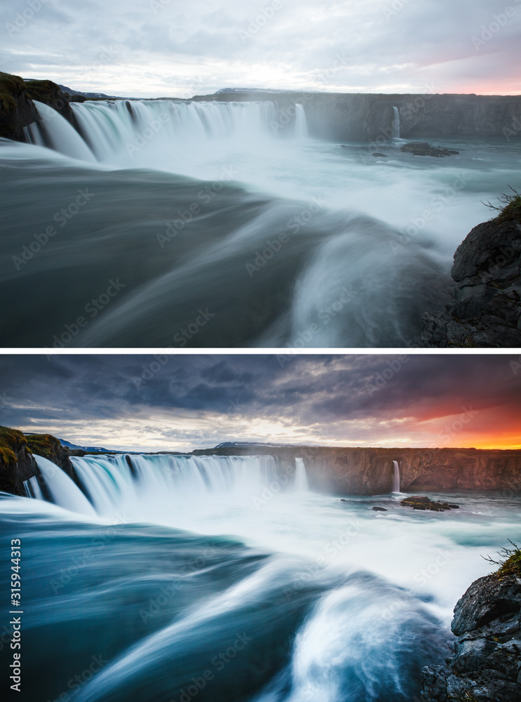 Amazing view of powerful Godafoss cascade, Iceland, Europe. Images before and after.