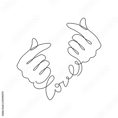 Continuous one line drawing Korean heart, depicted by fingers, is a widely used gesture in Korean society, expressed friendliness, empathy and love