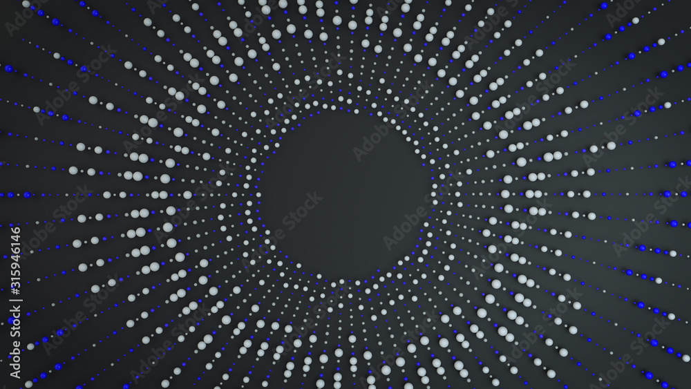 3d render abstract radial composition with pattern of blue and white spheres. 3d render abstract radial composition with pattern of blue and white spheres.