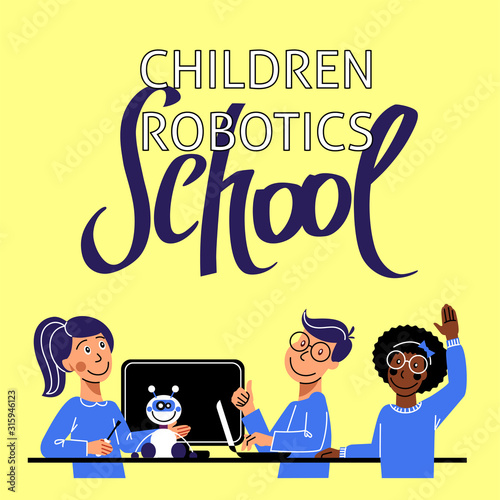 A square image of teens who study robotics. A vector image for a flyer or a poster for the children coding school. Blue and yellow colors. Children robotics school