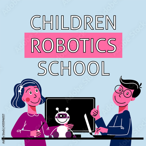 A square image of teens who study robotics. A vector image for a flyer or a poster for the children coding school. Blue and pink colors. Children robotics school