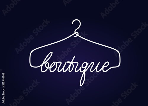 Creative boutique logo design. Vector sign with lettering and hanger symbol