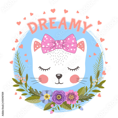 Little cat girl. Dreamy slogan. Kitten with flowers. Cartoon vector illustration