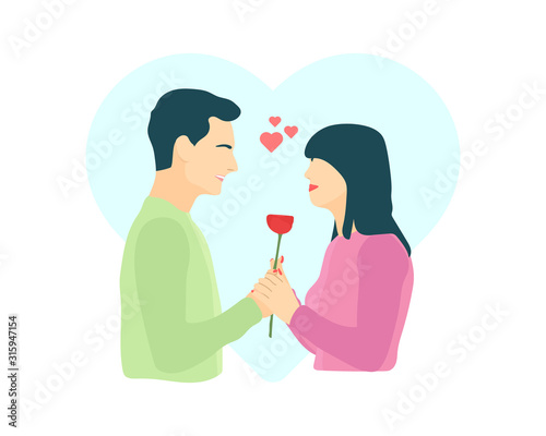 Happy Valentine's day. Adorable and happy couple in love on romantic date. Guy giving a rose flower to a girl. Online dating app or website meet up - Flat vector illustration.