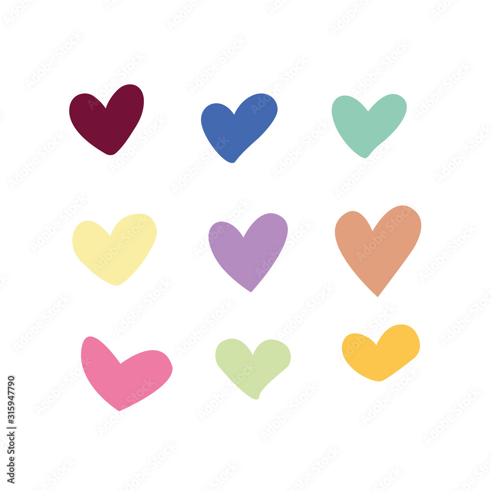 Colorful hearts illustration. Set of cute hand drawn colorful hearts on white background. Happy valentines day greeting card. Stylish heart vector illustration