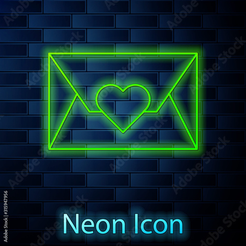 Glowing neon line Envelope with Valentine heart icon isolated on brick wall background. Message love. Letter love and romance. Vector Illustration