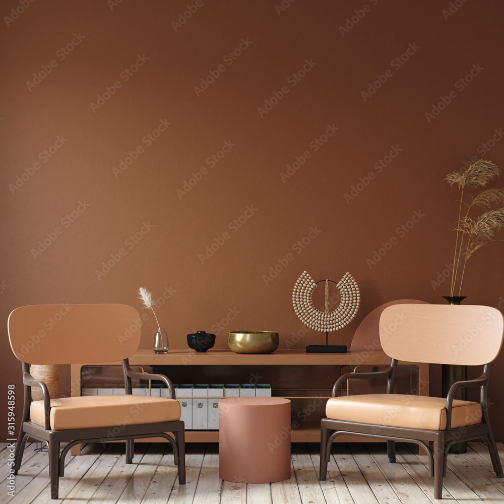 Modern dark interior with commode, chair and decor in terracotta colors, 3d render - obrazy, fototapety, plakaty 