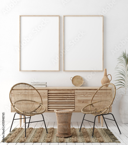 Mock up frame in home interior background, white room with natural wooden furniture, Scandi-Boho style, 3d render