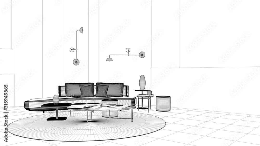 Blueprint project draft, modern living room, lounge with sofa, coffee