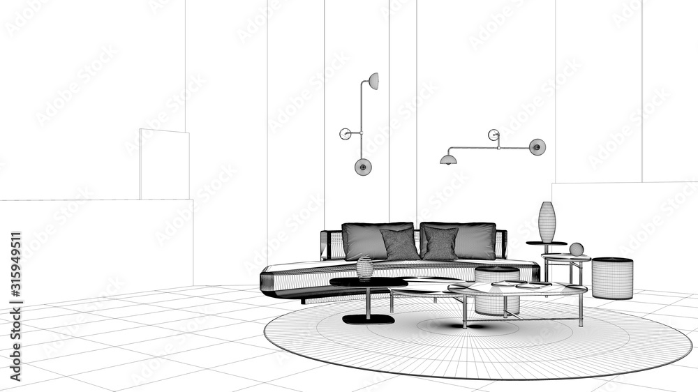 Blueprint project draft, modern living room, lounge with sofa, coffee
