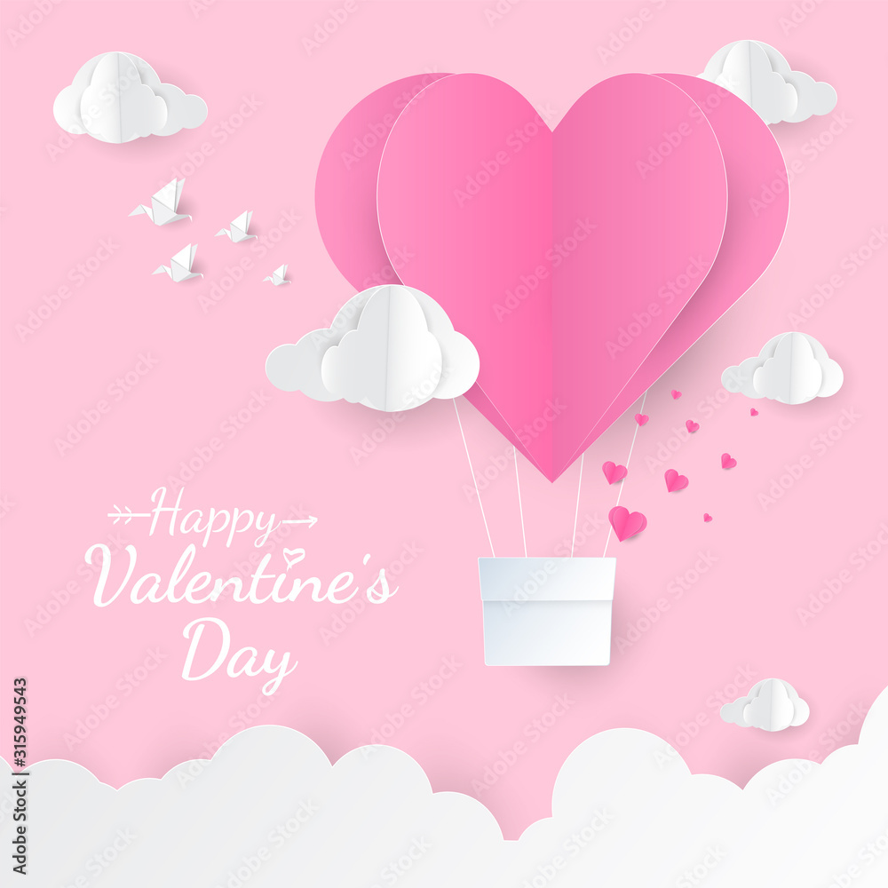 Happy valentines day with paper cut  heart shape balloon flying over cloud. vector illustration. 