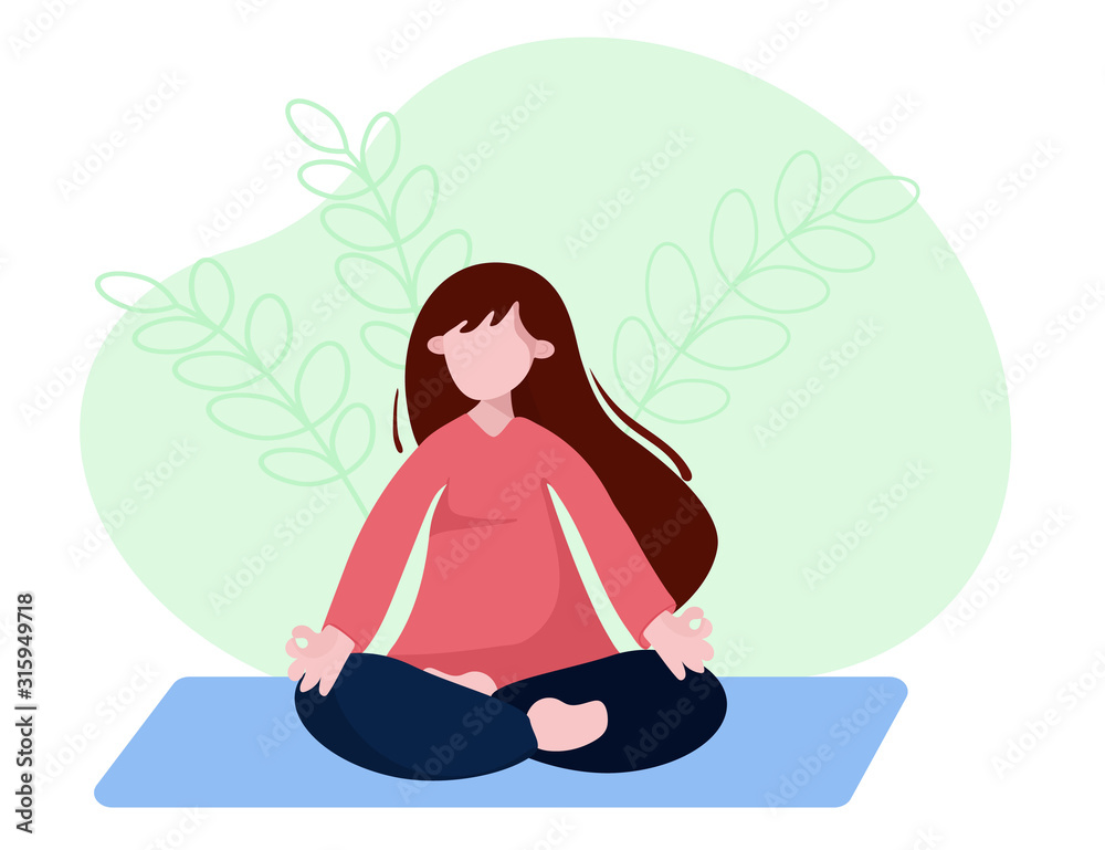 Woman is sitting with crossed legs and meditate. Concept illustration for yoga, pranayama, meditation, relax, healthy lifestyle. Girl is doing yoga excessive for calmness.
