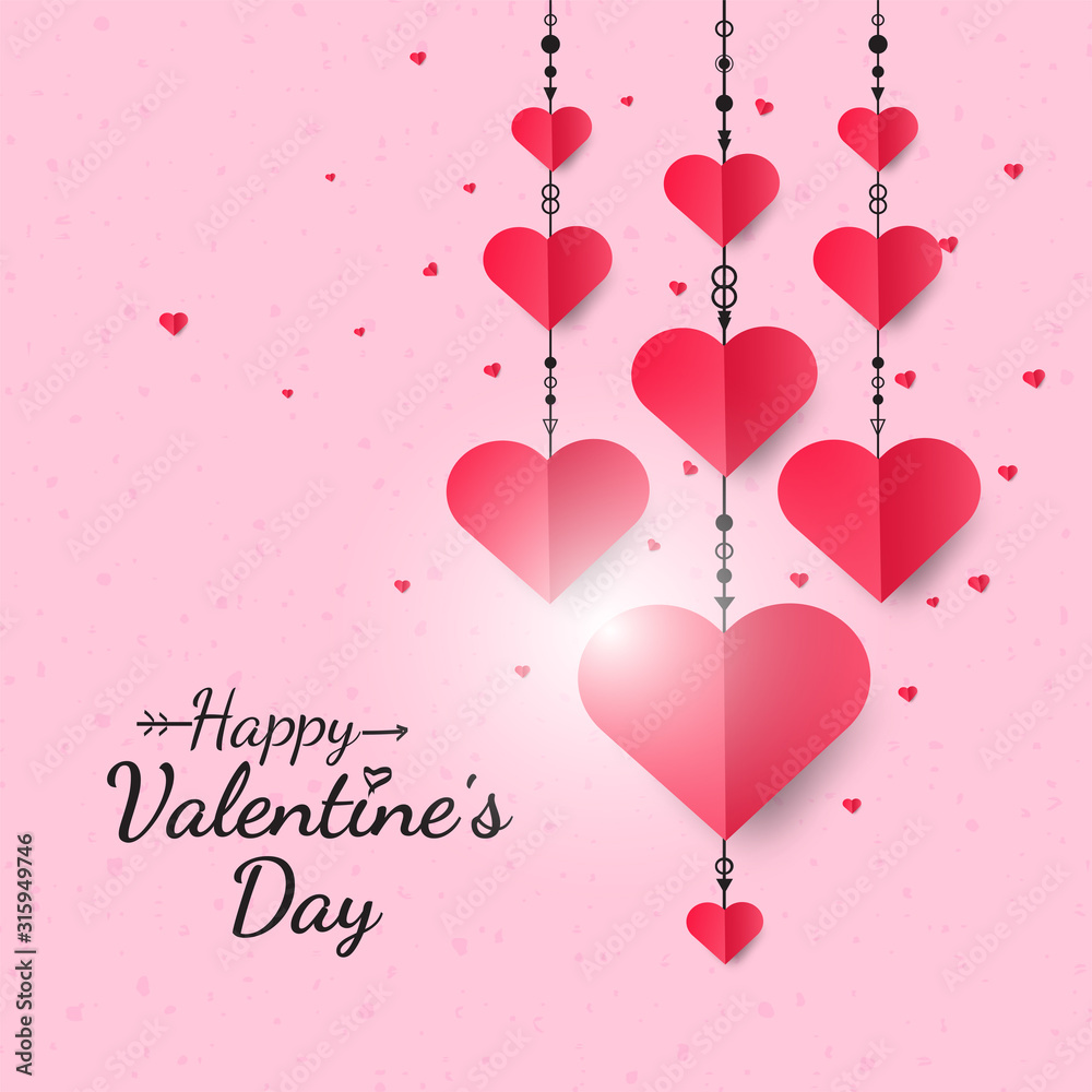 Happy Valentine's Day celebration design with hanging hearts, paper cut style. vector illustration.