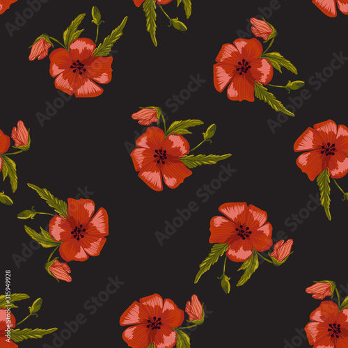  seamless pattern simple  red poppies. Scattered red flowers  vector pattern background