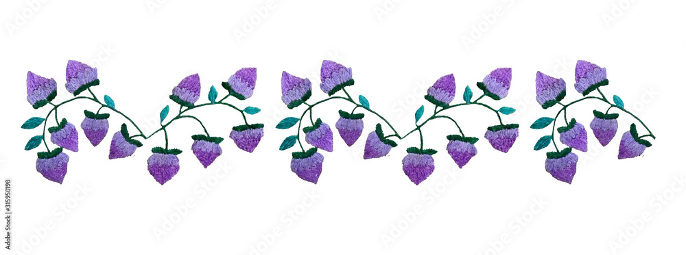 Embroidered bells flowers. Ukrainian hand embroidery. Isolated on a white background.