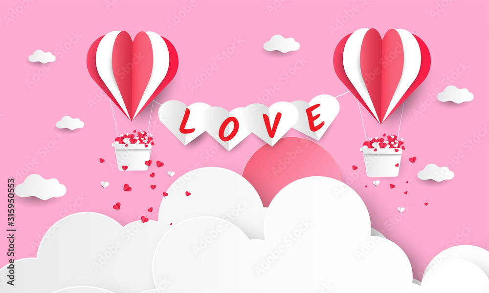 Valentines day card with air balloon, floating heart in paper cut style.