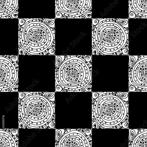 Chess seamless pattern. Monochrome vector illustration with hand drawn graphic elements.