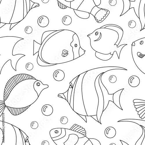 Seamless pattern with black and white tropical fish. Exotic fish. Coloring book page for adult and cids. Monochrome hand drawn line work vector illustration. Suitable for wrapping paper and clothing