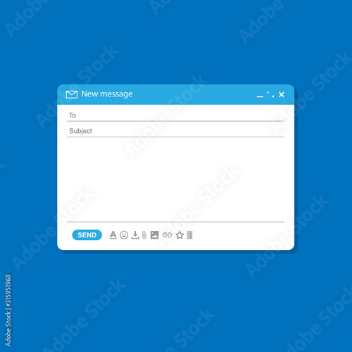 Email Interface Email window template, internet message, blank email user interface in blue.