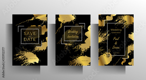 Design wedding invitation template set. Gold blots of paint on a black background are manually drawn. Vector 10 EPS.