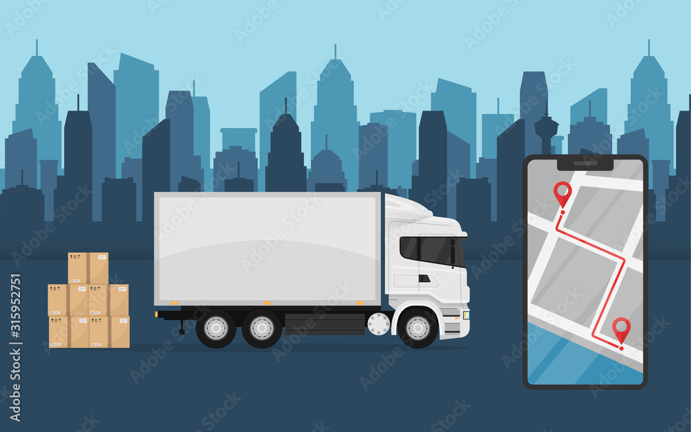 Mobile phone delivery service application. white truck with cardboard boxes and a mobile phone with a map on a city background.