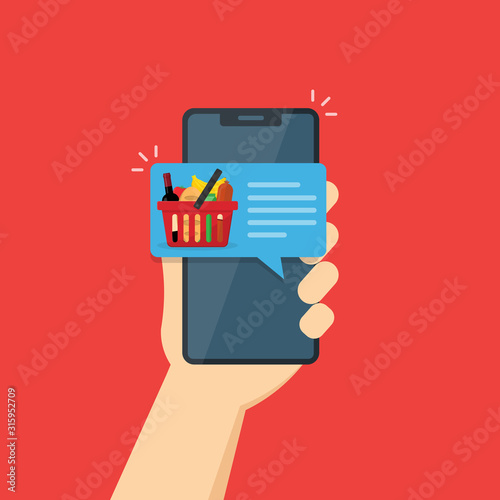 A message or notification for regular customers on the mobile phone screen about discounts on products in the supermarket. basket with a set of products.