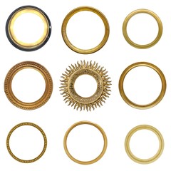 Set of round golden frames (circle) for paintings, mirrors or photos isolated on white background