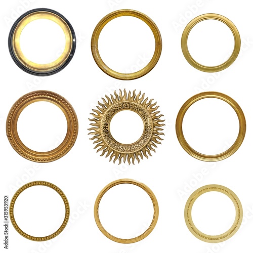 Set of round golden frames (circle) for paintings, mirrors or photos isolated on white background