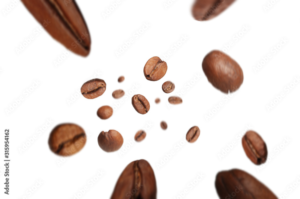 roasted coffee beans fly from top to bottom with a motion effect on a white background roasted coffee beans fly from top to bottom with a motion effect on a white background