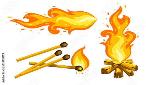 Set of Cartoon touristic campfire burning firewood, matches and jet torch. Hot flames with sparks from fire isolated on transparent white background. Summer camping flat symbol. Vector illustration.