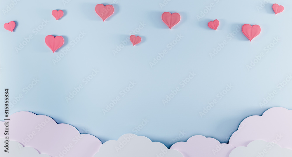 Light blue background with paper clouds and pink hearts. Valentine's Day and baby birth background concept. Kids Birthday background. Mother day background. Mockup, template