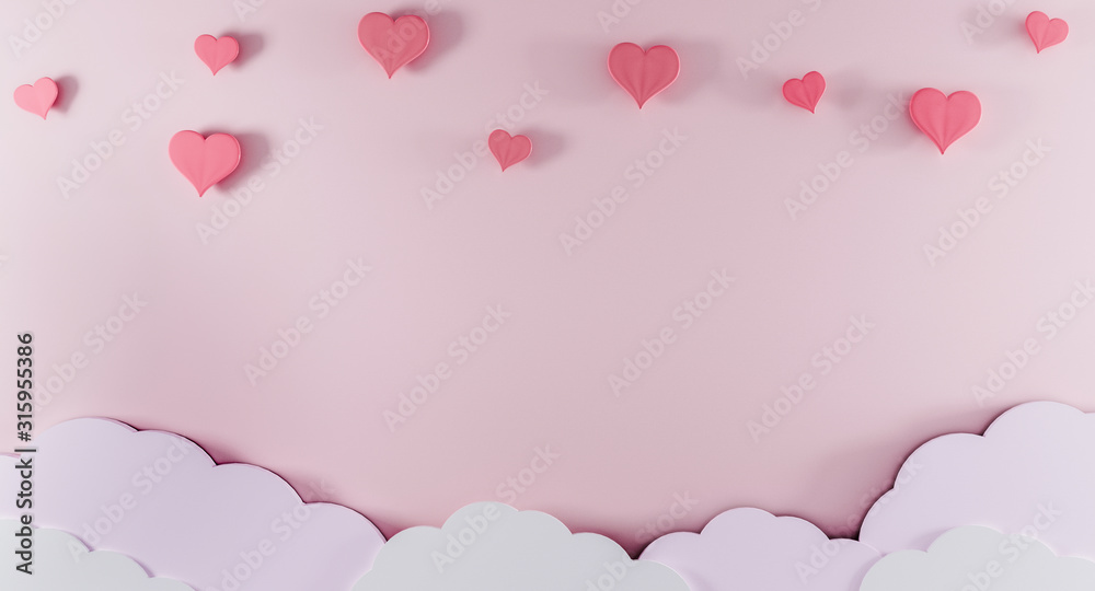 Light pink background with paper clouds and pink hearts. Valentine's Day and baby birth background concept. Kids Birthday background. Mother day background. Mockup, template