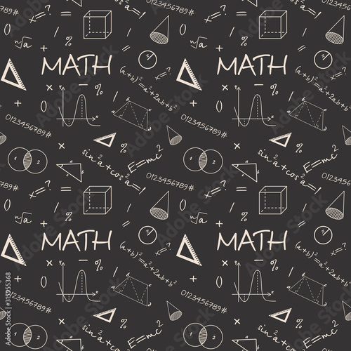 Mathematical doodles on school squared paper, seamless pattern