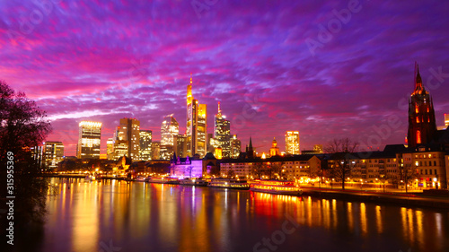 A amazing view at night over the City of Frankfurt am Main, across the Main river to the Skyline in Germany