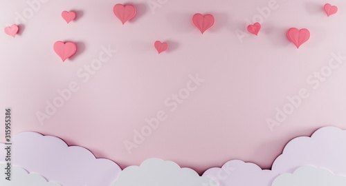 Light pink background with paper clouds and pink hearts. Valentine's Day and baby birth background concept. Kids Birthday background. Mother day background. Mockup, template