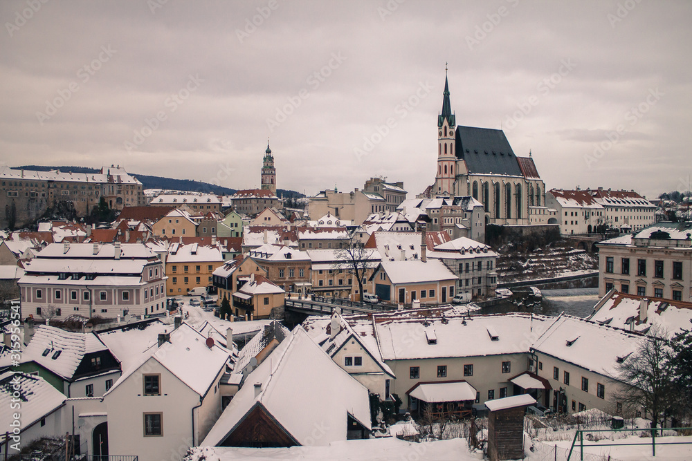 winter panoramic view of famous old medieval town Cesky Krumlov