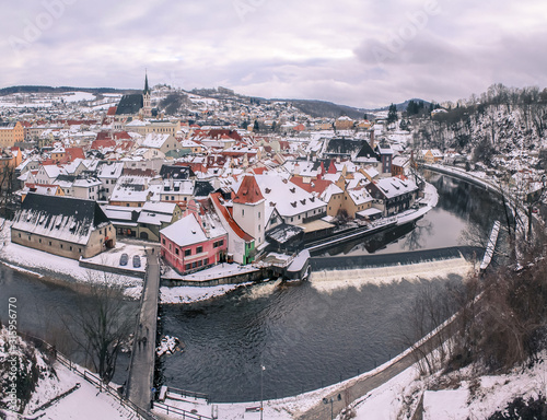 winter panoramic view of famous old medieval town Cesky Krumlov