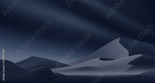 Desert landscape with stars on the night sky. Romantic natural wallpaper for sci-fi or fantasy background