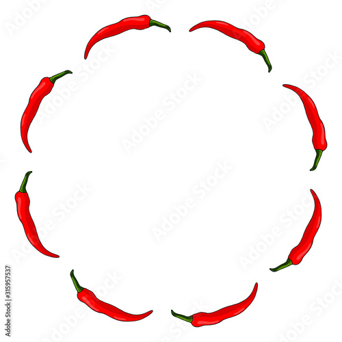 Round frame of chili peppers on white background. Isolated frame for your design.