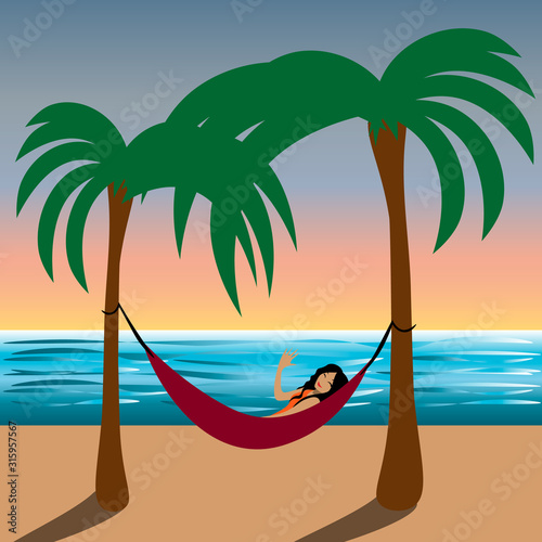 Smiling woman lying in the hammock on the beach and waving her hand