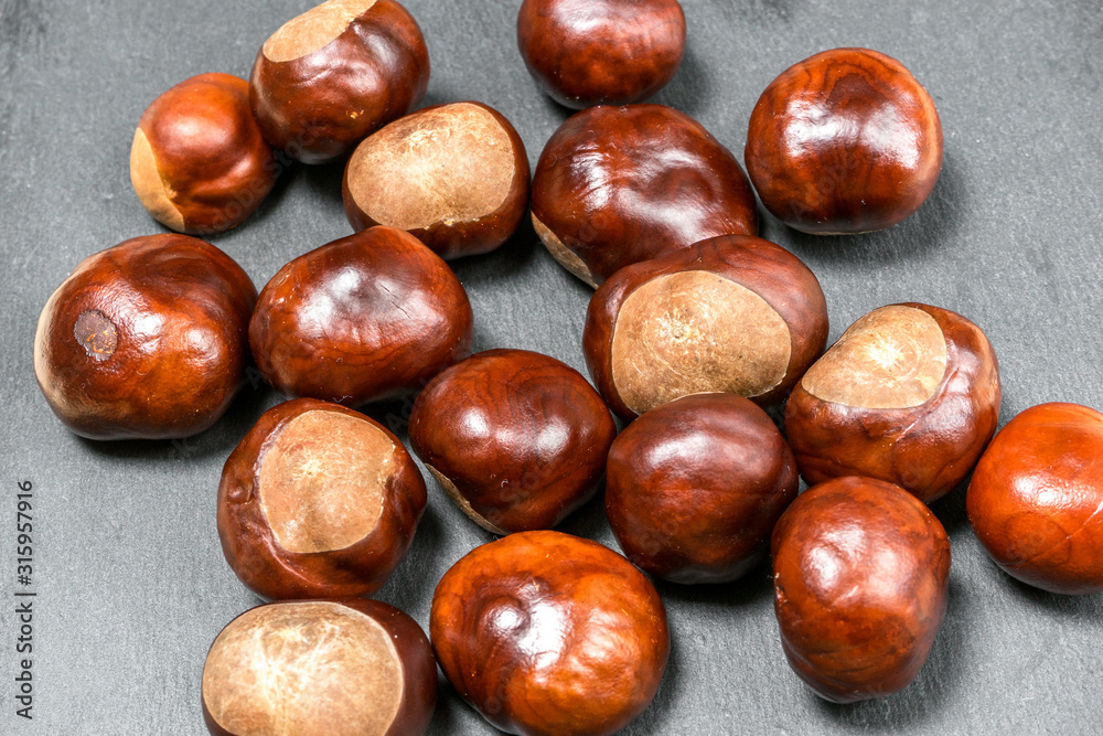 Fresh chestnut fruit scattered on grey stone background Fresh chestnut fruit scattered on grey stone background
