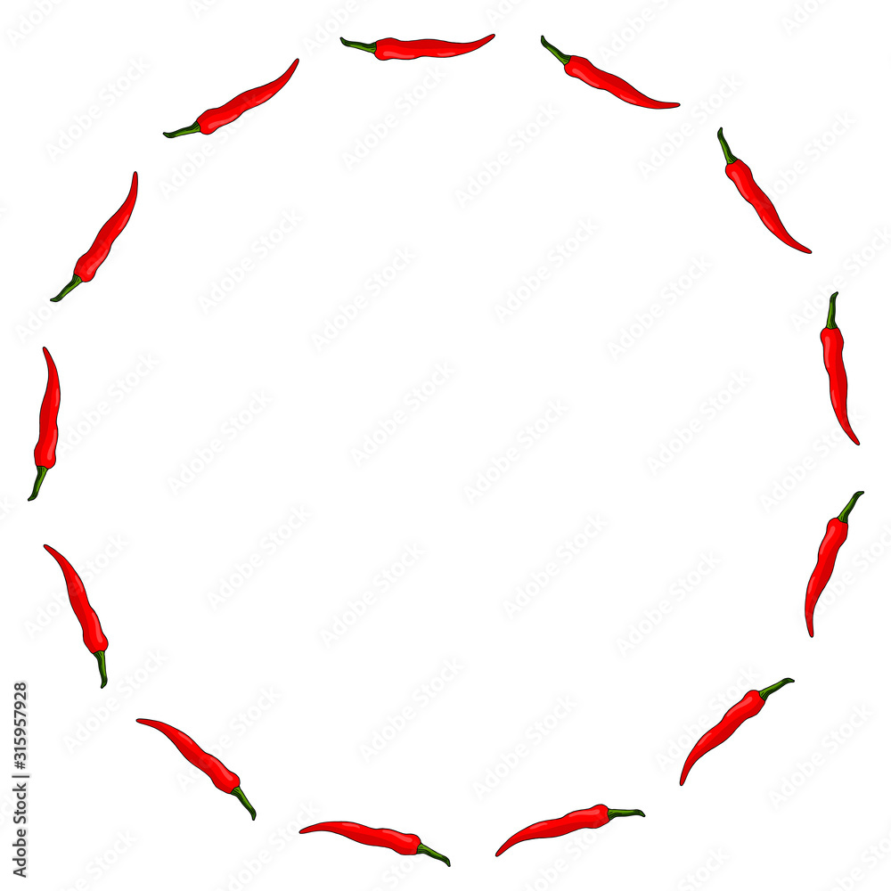 Round frame of little chili peppers on white background. Isolated frame for your design. Round frame of little chili peppers on white background. Isolated frame for your design.