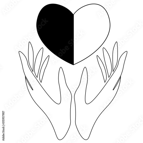 Two contour hands holding black and white heart photo