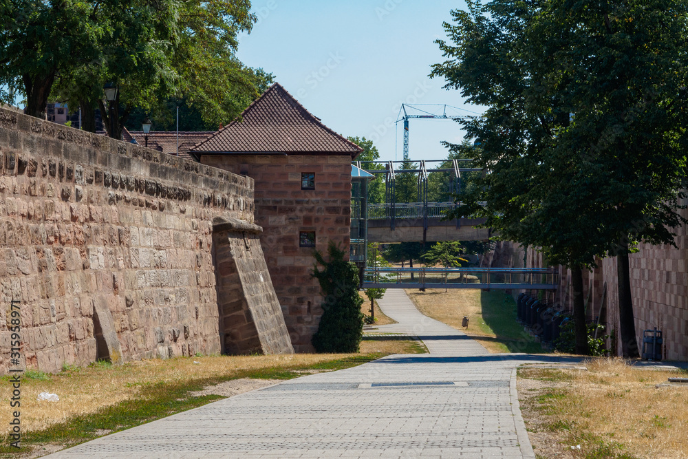 Part of the historical city walls around the old city centre of Nuremberg, Middle Franconia, Bavaria, Germany, Europe