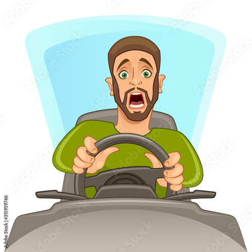 Scared man driving a car on a white background