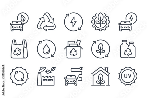 Ecology and Environment related line icon set. Recycle and nature care linear icons. Eco friendly and alternative energy sources outline vector sign collection.