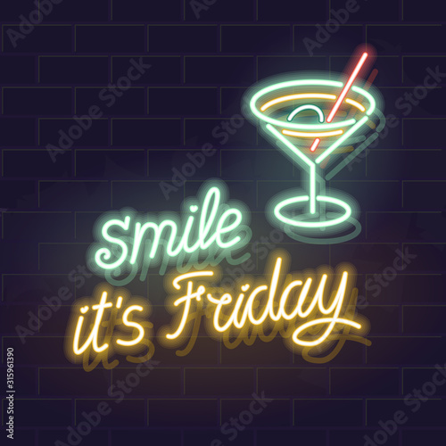 Smile, it is friday neon handwritten typography or brick wall background. Illustration for bar or pub poster, square social network post, flyer, advertisement. Isolated elements for any dark